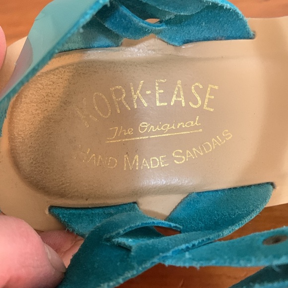 Kork-Ease Ava cork platforms with bright shiny turquoise upper. - Picture 7 of 12